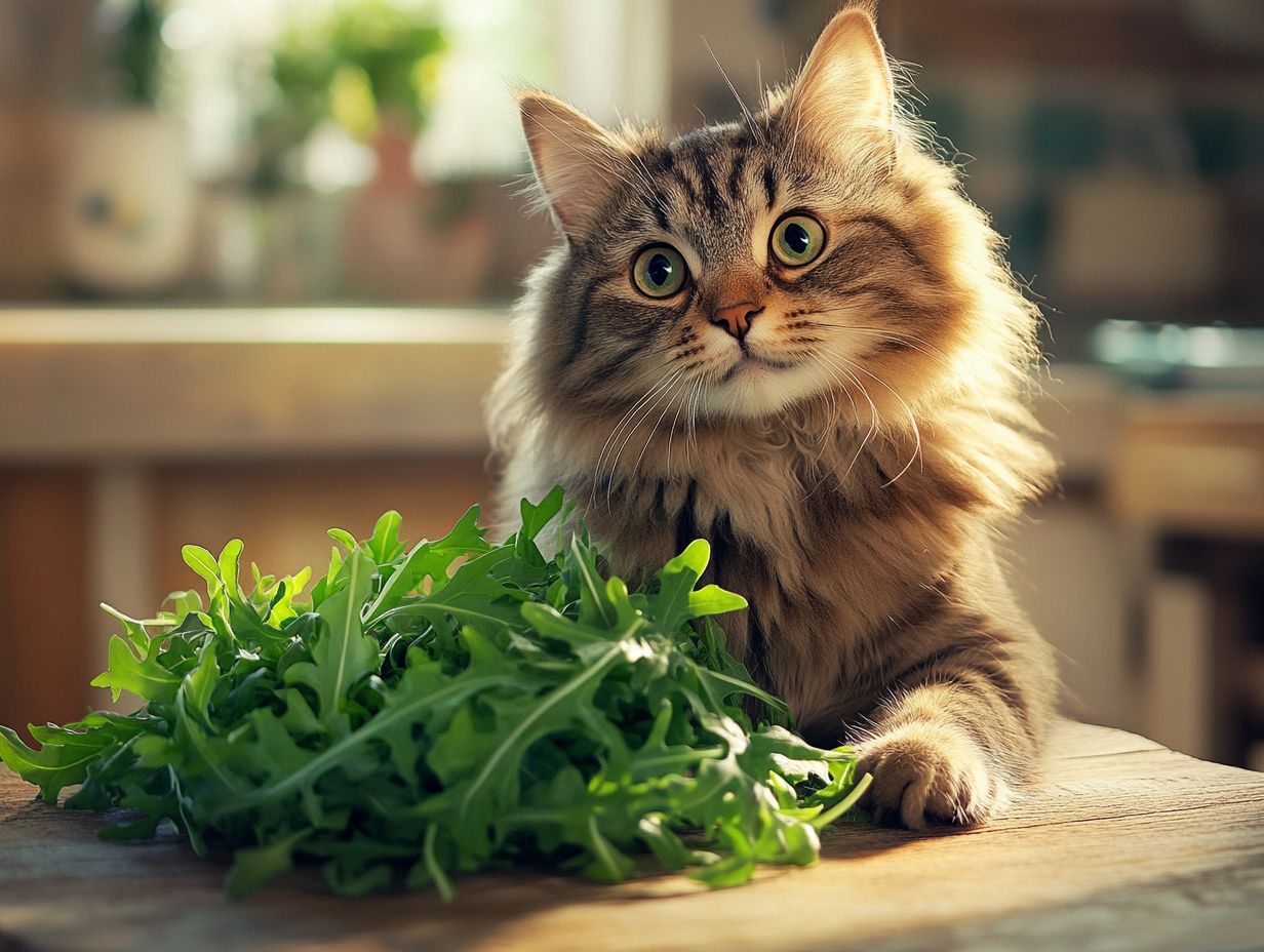 Illustration of a cat enjoying a small amount of arugula