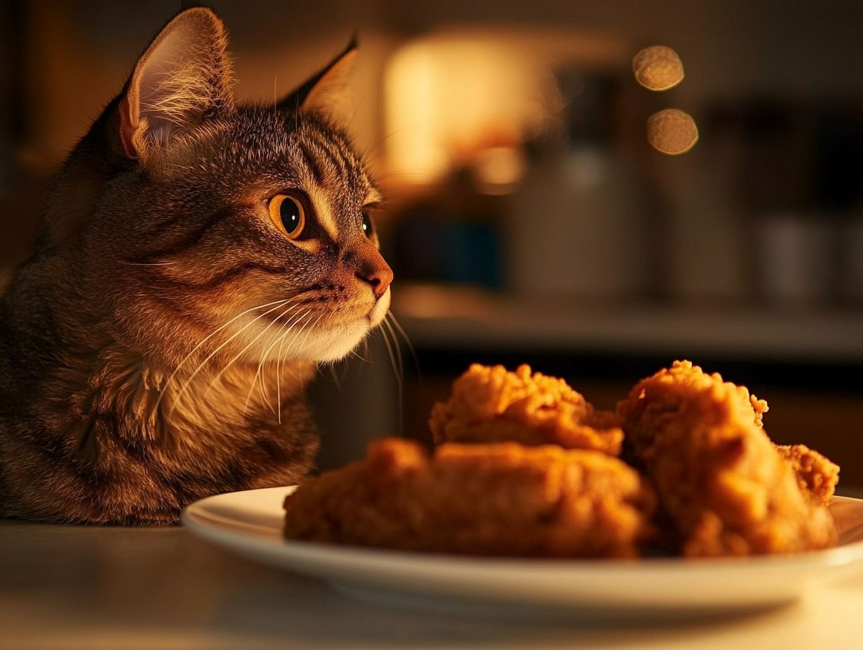 Illustration depicting potential risks and benefits of cats consuming fried chicken.