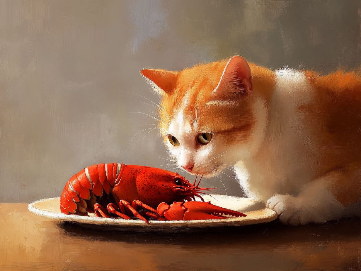 Cat safely eating lobster